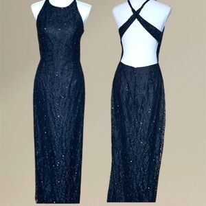 Marina Black Beaded Lace Overlay Halter Formal Full Length Dress Size 8